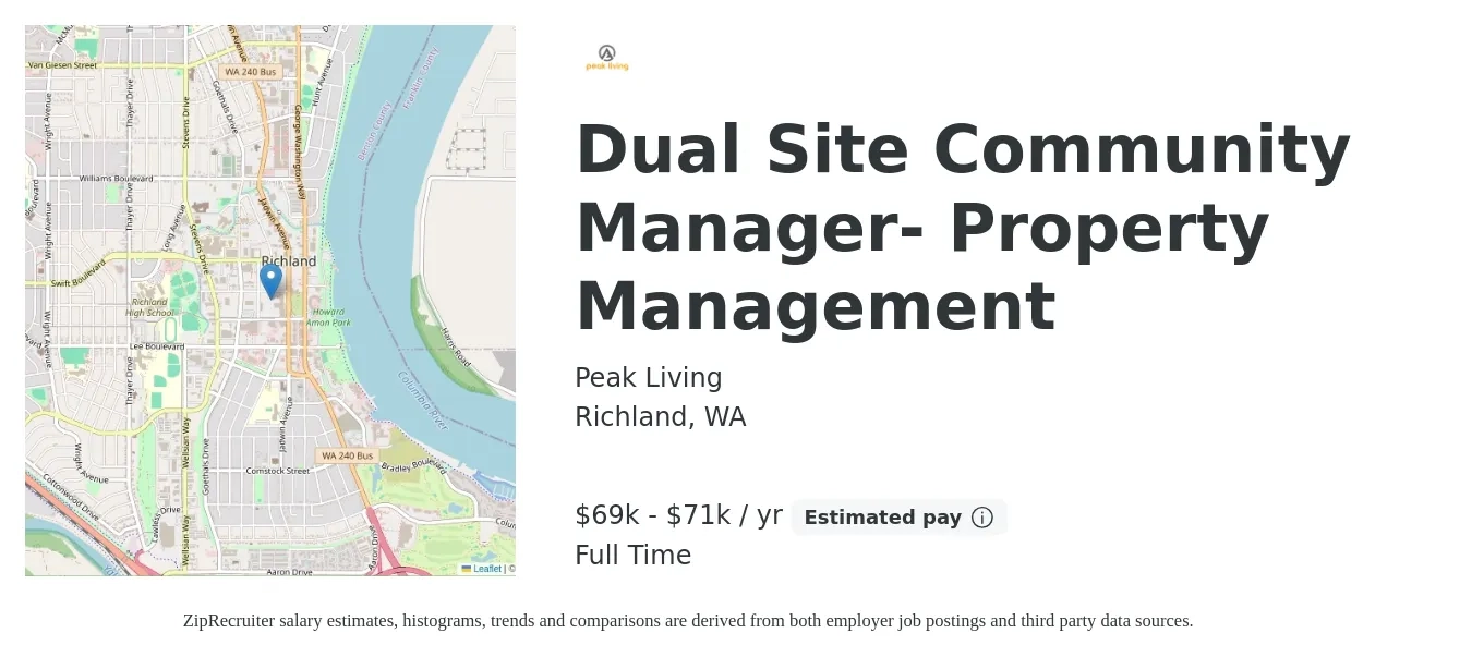 Peak Living job posting for a Dual Site Community Manager- Property Management in Richland, WA with a salary of $69,000 to $71,000 Yearly with a map of Richland location.