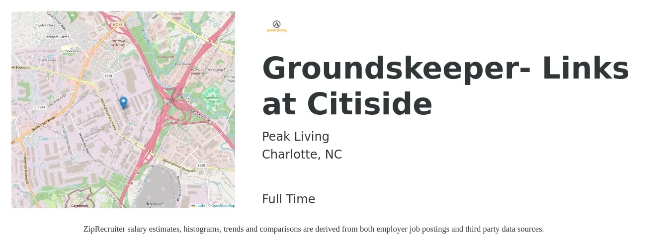 Peak Living job posting for a Groundskeeper- Links at Citiside in Charlotte, NC with a salary of $14 to $18 Hourly with a map of Charlotte location.