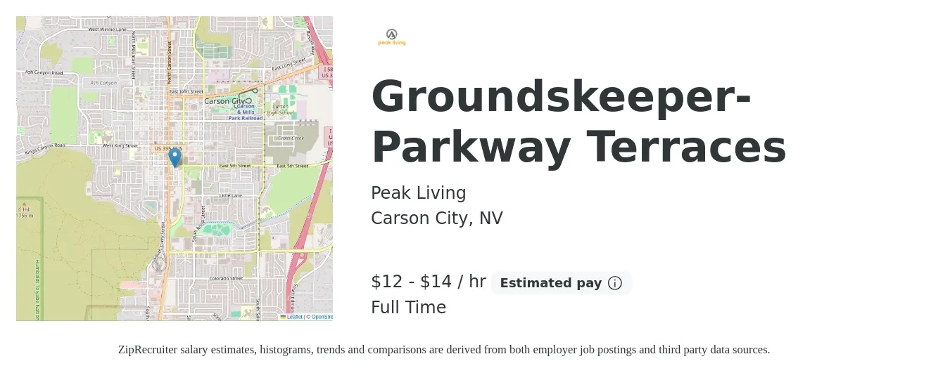 Peak Living job posting for a Groundskeeper- Parkway Terraces in Carson City, NV with a salary of $13 to $15 Hourly with a map of Carson City location.