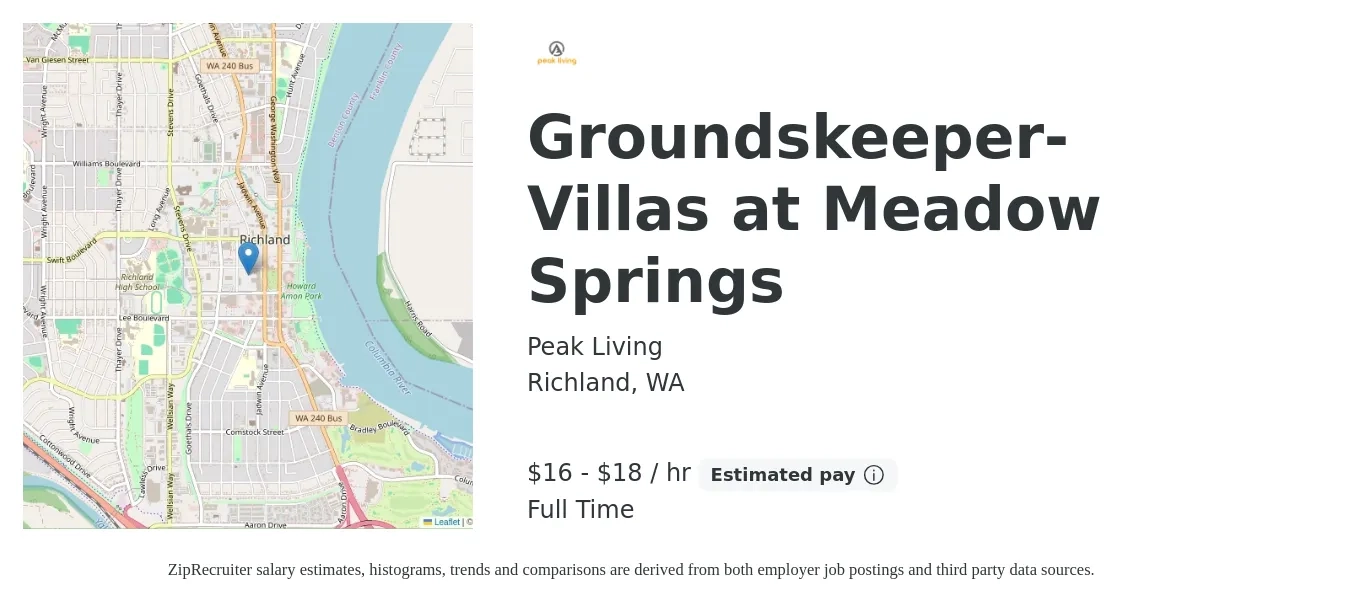 Peak Living job posting for a Groundskeeper- Villas at Meadow Springs in Richland, WA with a salary of $17 to $19 Hourly with a map of Richland location.