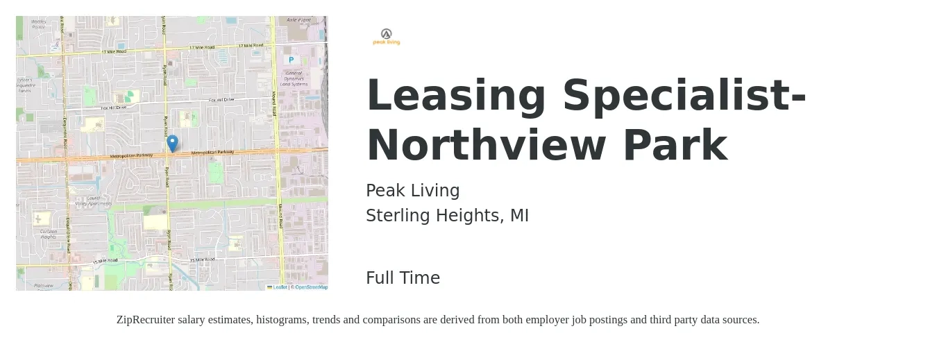 Peak Living job posting for a Leasing Specialist- Northview Park in Sterling Heights, MI with a salary of $17 to $18 Hourly with a map of Sterling Heights location.