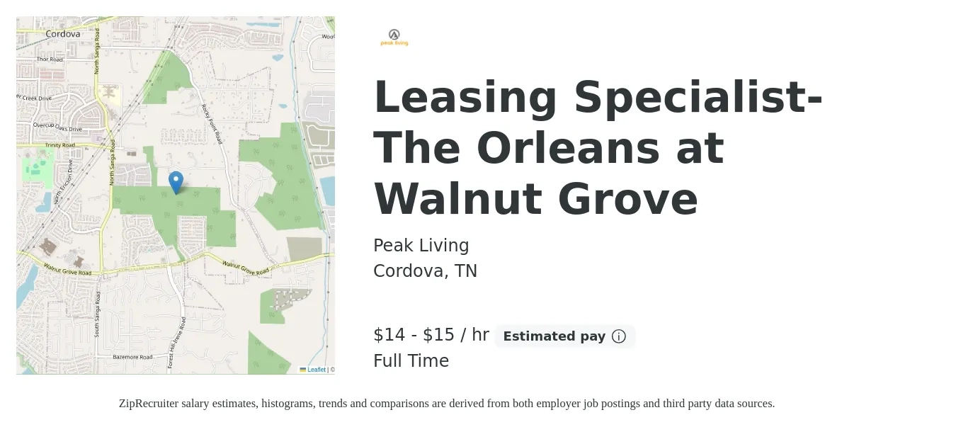 Peak Living job posting for a Leasing Specialist- The Orleans at Walnut Grove in Cordova, TN with a salary of $15 to $16 Hourly with a map of Cordova location.