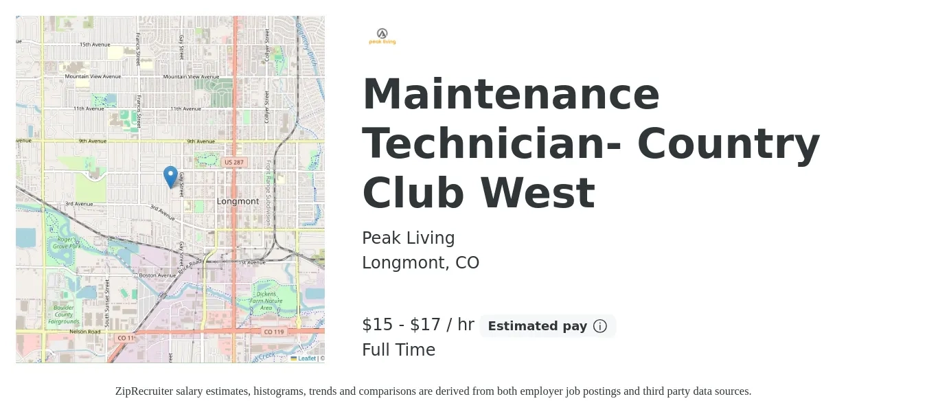 Peak Living job posting for a Maintenance Technician- Country Club West in Longmont, CO with a salary of $16 to $18 Hourly with a map of Longmont location.