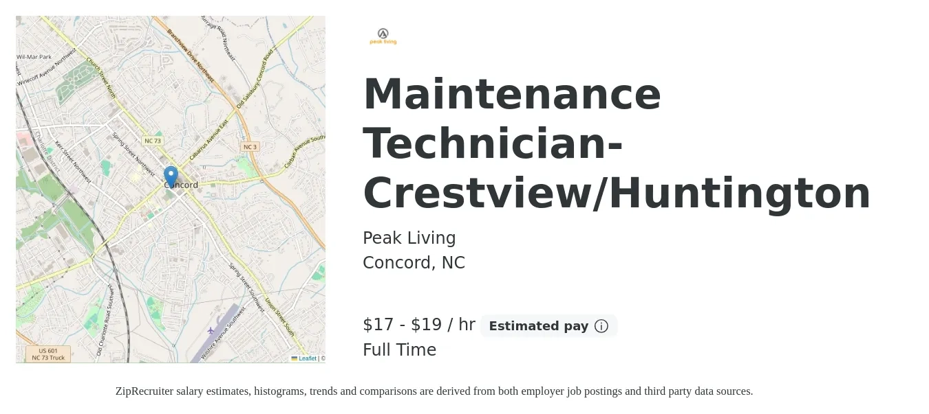 Peak Living job posting for a Maintenance Technician- Crestview/Huntington in Concord, NC with a salary of $18 to $20 Hourly with a map of Concord location.