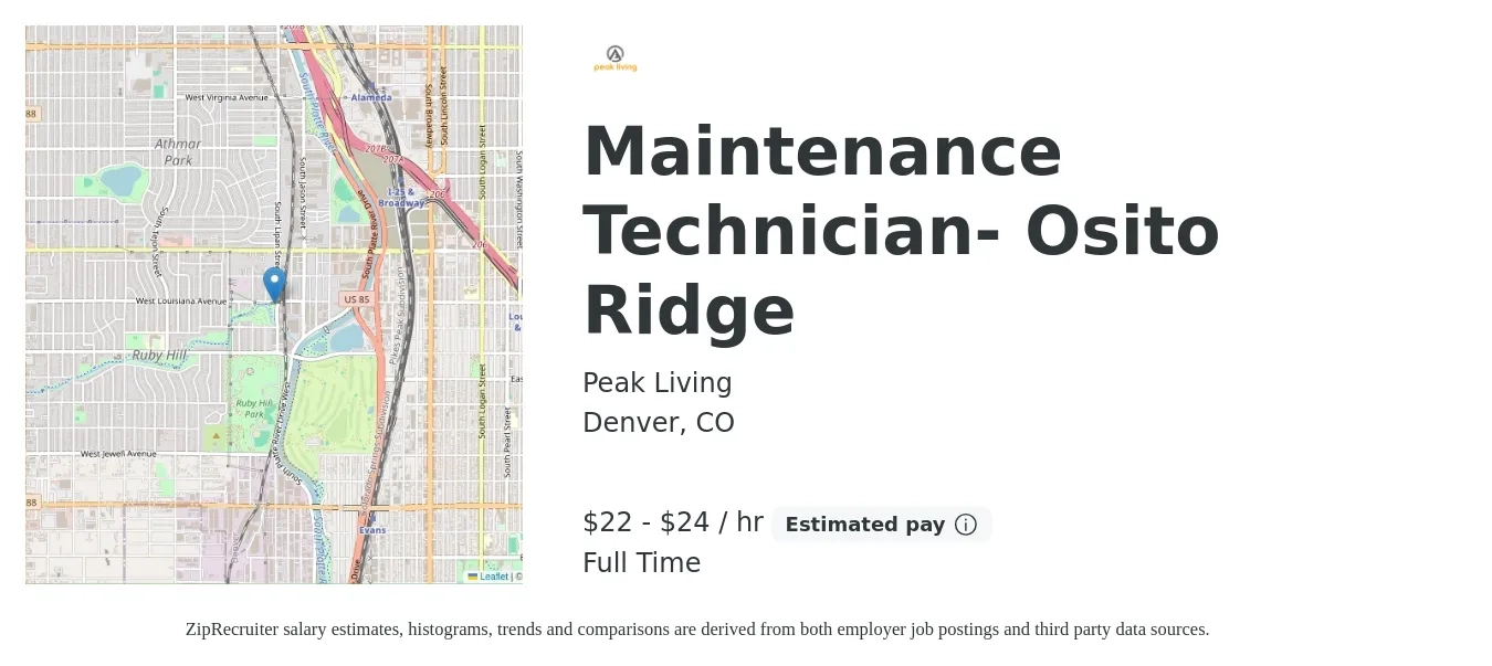 Peak Living job posting for a Maintenance Technician- Osito Ridge in Denver, CO with a salary of $23 to $25 Hourly with a map of Denver location.