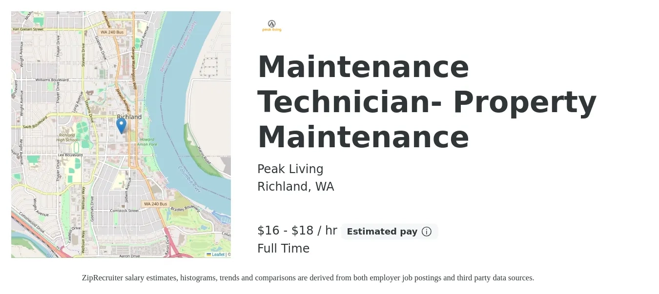 Peak Living job posting for a Maintenance Technician- Property Maintenance in Richland, WA with a salary of $17 to $19 Hourly with a map of Richland location.