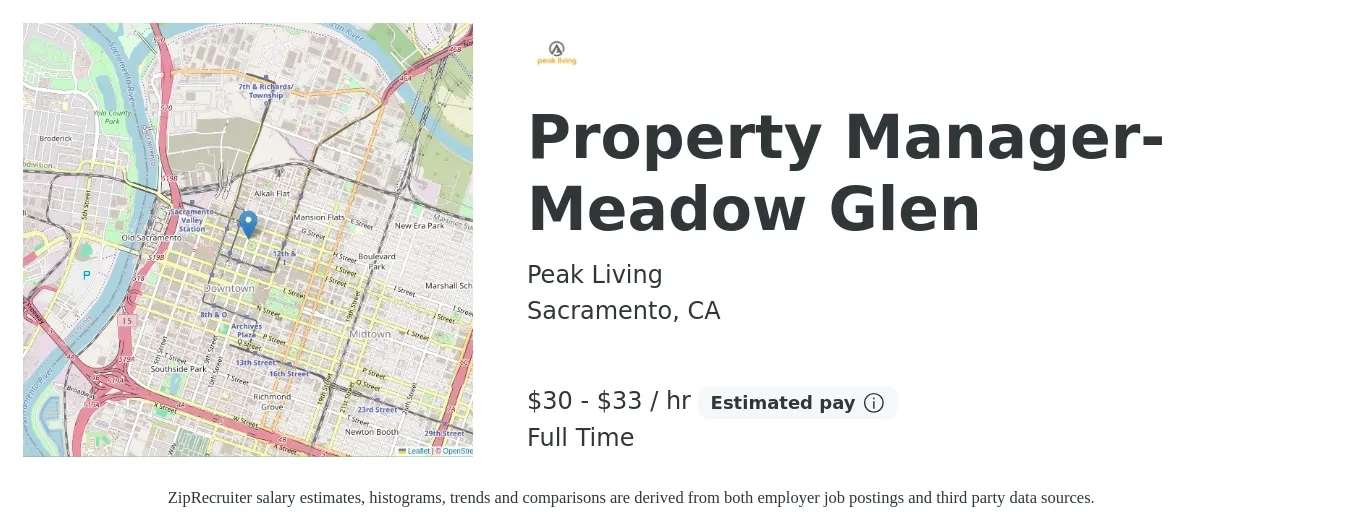 Peak Living job posting for a Property Manager- Meadow Glen in Sacramento, CA with a salary of $31 to $33 Hourly with a map of Sacramento location.