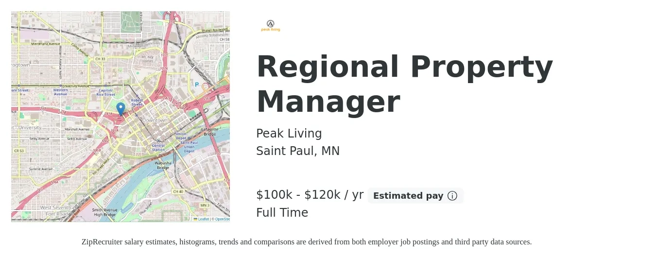 Peak Living job posting for a Regional Property Manager in Saint Paul, MN with a salary of $100,000 to $120,000 Yearly with a map of Saint Paul location.