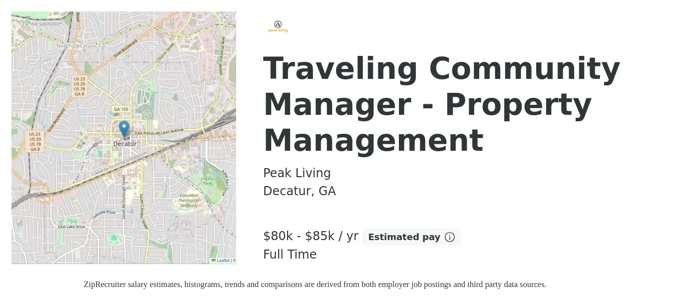 Peak Living job posting for a Traveling Community Manager - Property Management in Decatur, GA with a salary of $80,000 to $85,000 Yearly with a map of Decatur location.