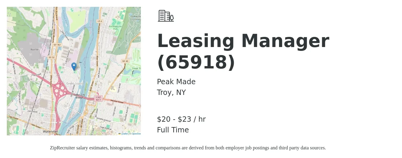Peak Made job posting for a Leasing Manager (65918) in Troy, NY with a salary of $21 to $24 Hourly with a map of Troy location.
