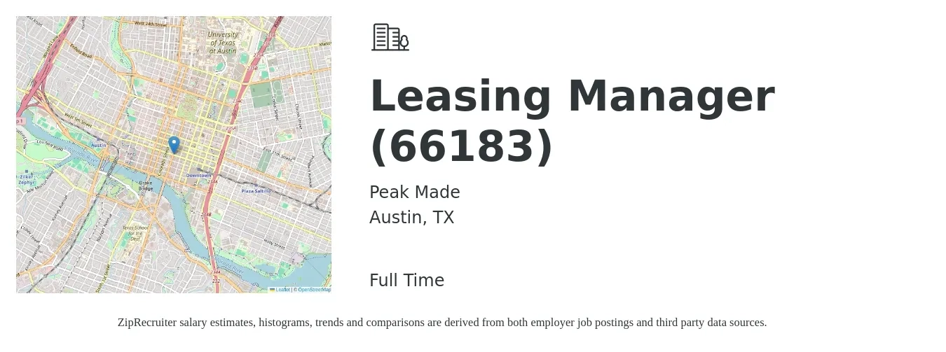 Peak Made job posting for a Leasing Manager (66183) in Austin, TX with a salary of $45,600 to $119,900 Yearly with a map of Austin location.