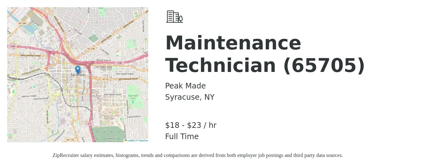 Peak Made job posting for a Maintenance Technician (65705) in Syracuse, NY with a salary of $19 to $24 Hourly with a map of Syracuse location.