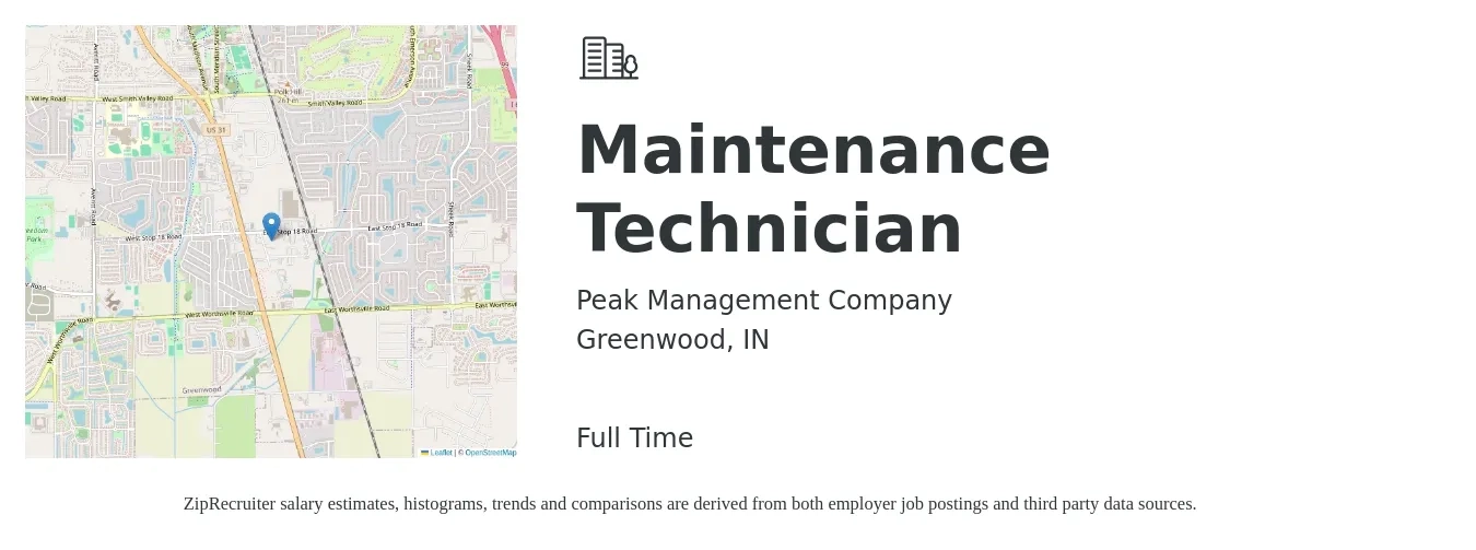 Peak Management Company job posting for a Maintenance Technician in Greenwood, IN with a salary of $18 to $24 Hourly with a map of Greenwood location.
