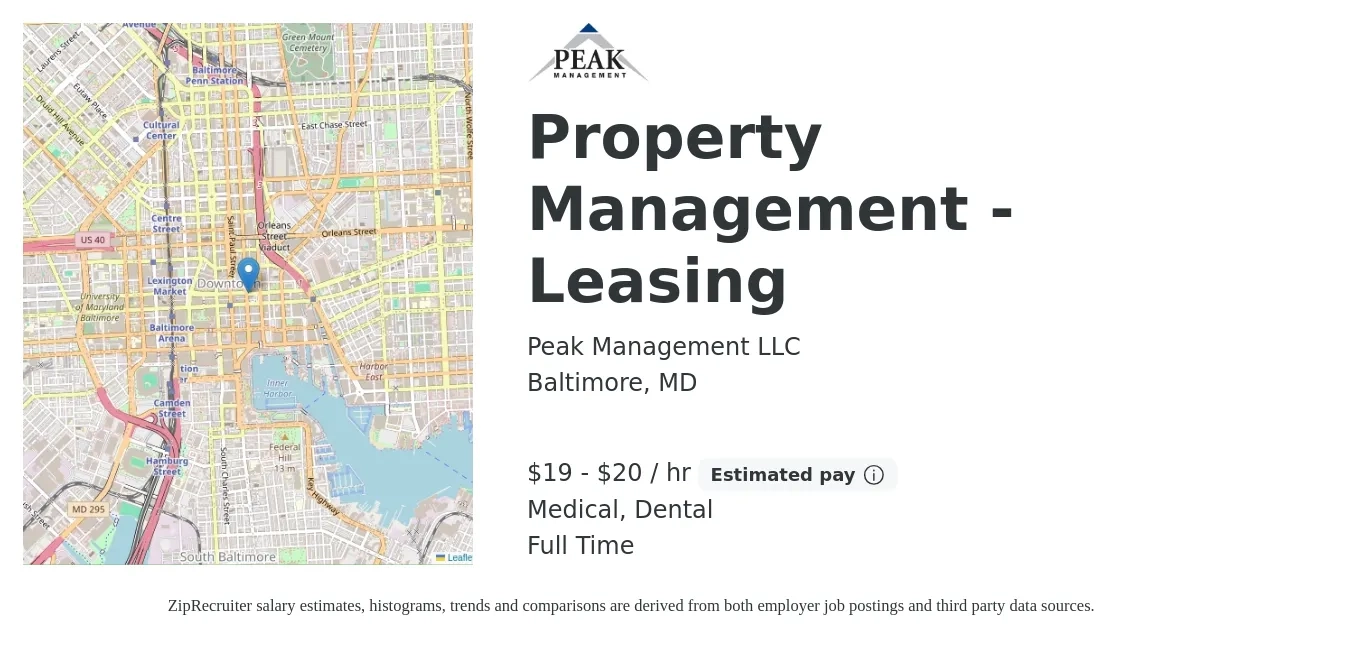 Peak Management LLC job posting for a Property Management - Leasing in Baltimore, MD with a salary of $20 to $21 Hourly and benefits including medical, retirement, dental, and life_insurance with a map of Baltimore location.