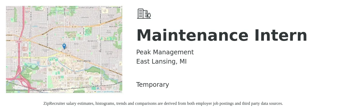 Peak Management job posting for a Maintenance Intern in East Lansing, MI with a salary of $14 to $19 Hourly with a map of East Lansing location.