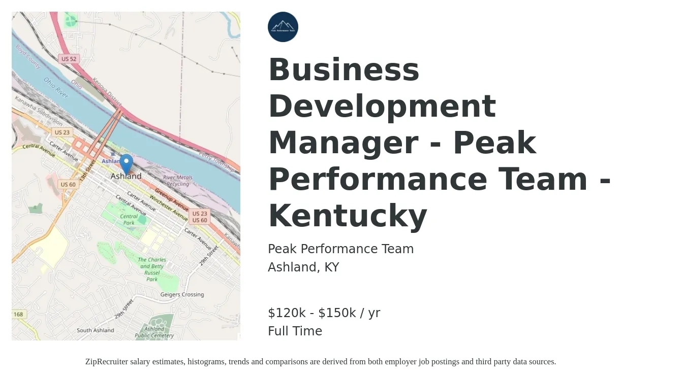 Peak Performance Team job posting for a Business Development Manager - Peak Performance Team - Kentucky in Ashland, KY with a salary of $120,000 to $150,000 Yearly with a map of Ashland location.