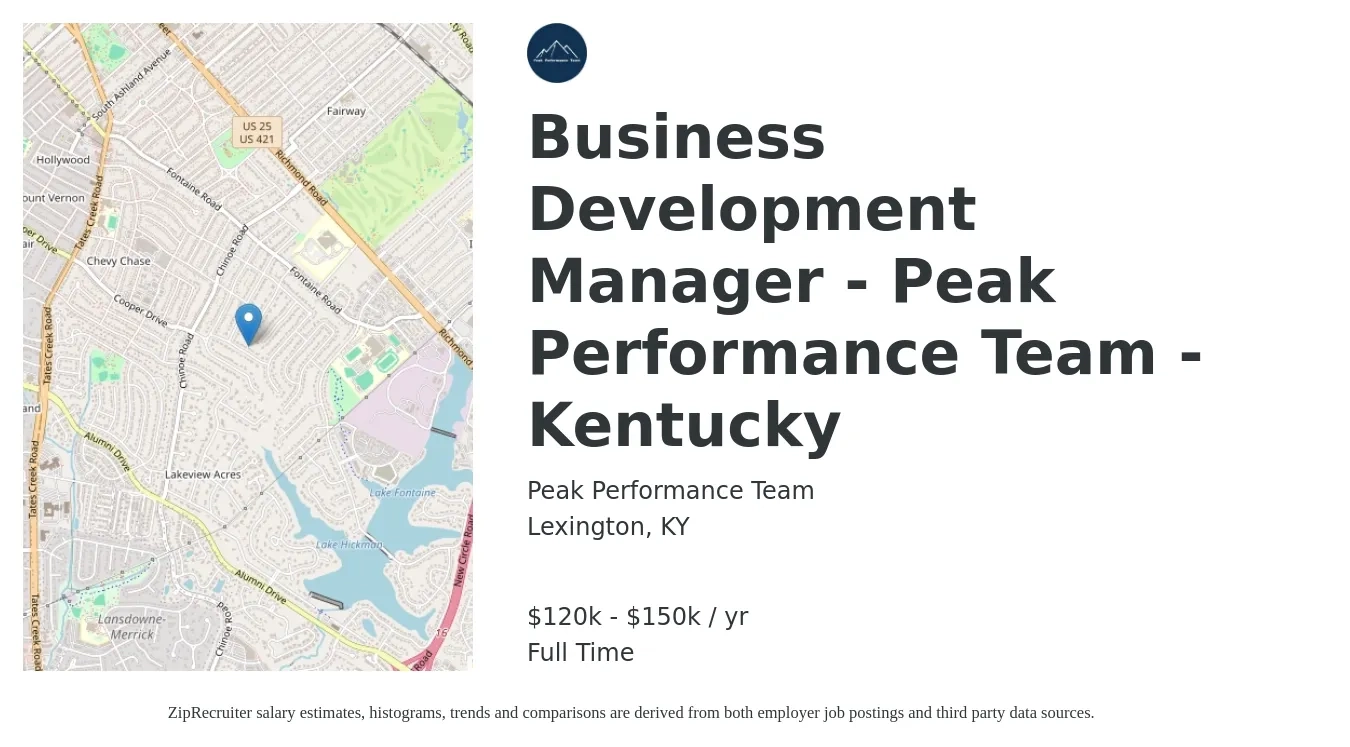 Peak Performance Team job posting for a Business Development Manager - Peak Performance Team - Kentucky in Lexington, KY with a salary of $120,000 to $150,000 Yearly with a map of Lexington location.