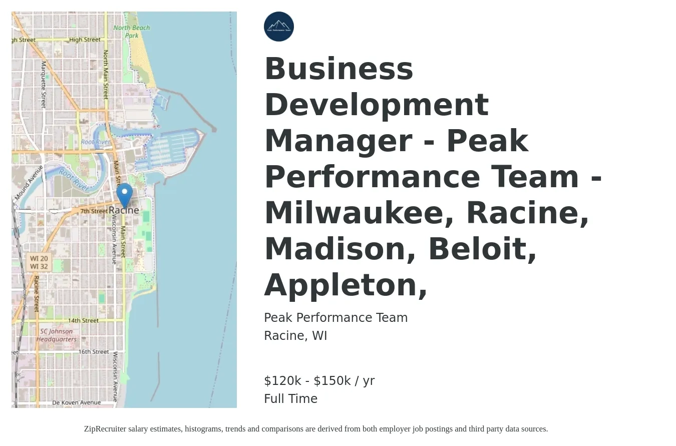 Peak Performance Team job posting for a Business Development Manager - Peak Performance Team - Milwaukee, Racine, Madison, Beloit, Appleton, in Racine, WI with a salary of $120,000 to $150,000 Yearly with a map of Racine location.