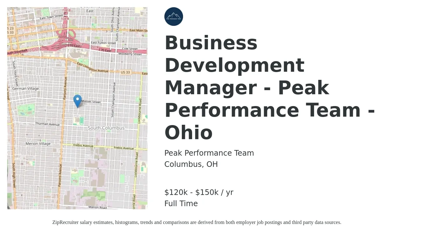 Peak Performance Team job posting for a Business Development Manager - Peak Performance Team - Ohio in Columbus, OH with a salary of $120,000 to $150,000 Yearly with a map of Columbus location.