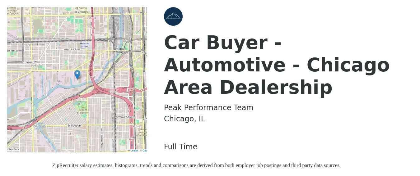 Peak Performance Team job posting for a Car Buyer - Automotive - Chicago Area Dealership in Chicago, IL with a salary of $38,100 to $72,600 Yearly with a map of Chicago location.