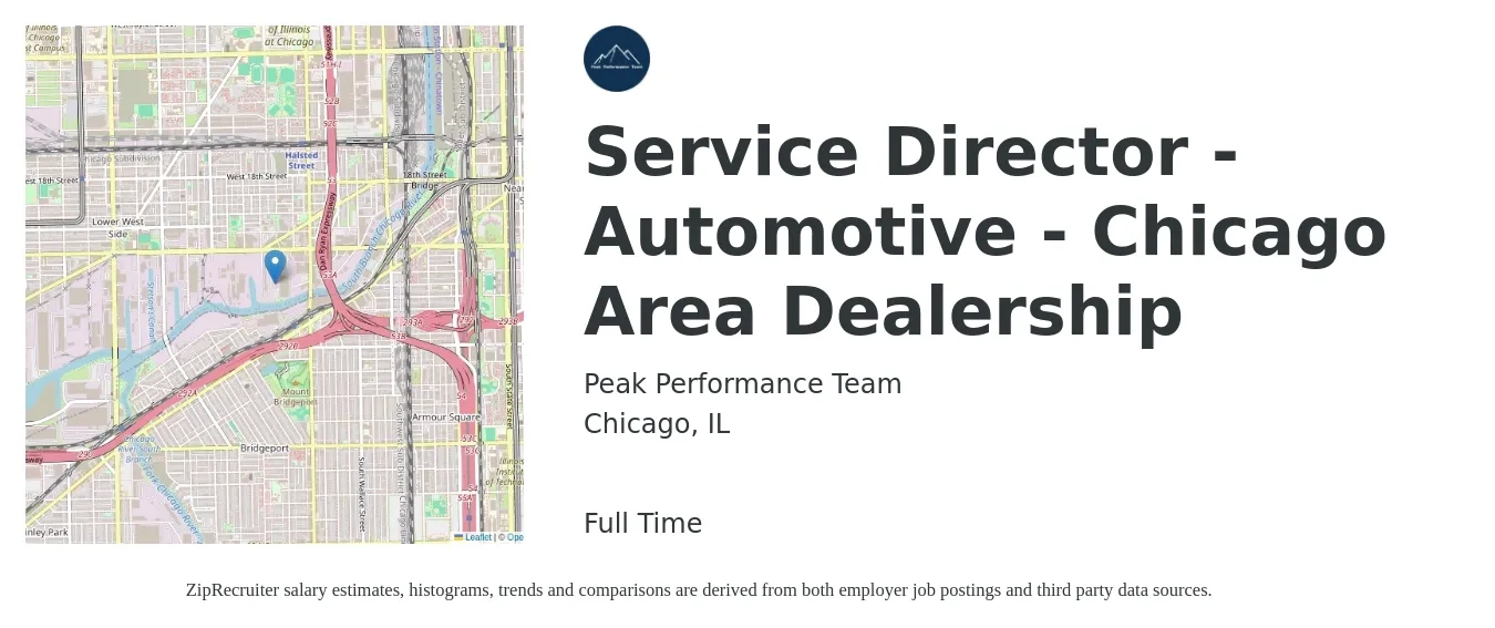 Peak Performance Team job posting for a Service Director - Automotive - Chicago Area Dealership in Chicago, IL with a salary of $80,900 to $123,600 Yearly with a map of Chicago location.