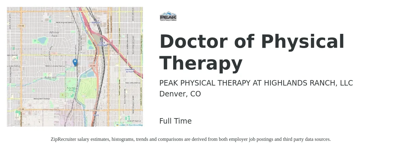 PEAK PHYSICAL THERAPY AT HIGHLANDS RANCH, LLC job posting for a Doctor of Physical Therapy in Denver, CO with a salary of $60,000 to $98,000 Yearly with a map of Denver location.
