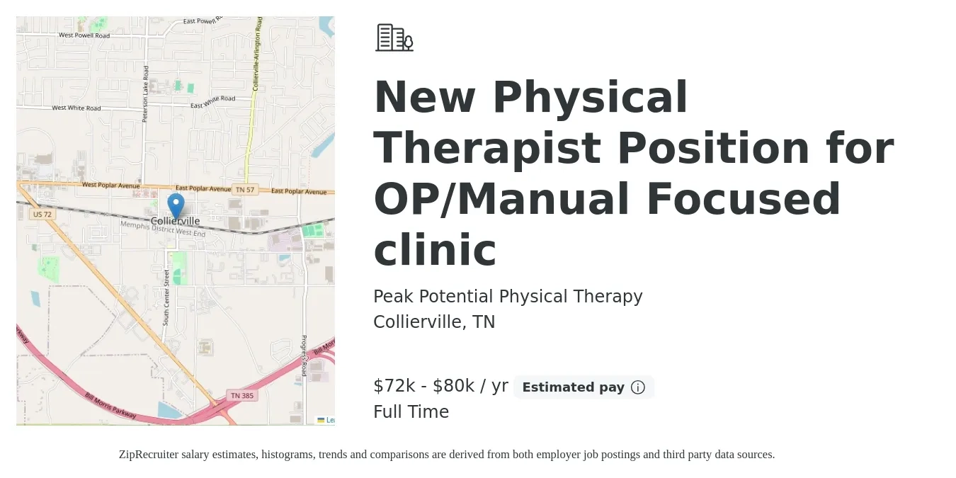 Peak Potential Physical Therapy job posting for a New Physical Therapist Position for OP/Manual Focused clinic in Collierville, TN with a salary of $72,000 to $80,500 Yearly with a map of Collierville location.