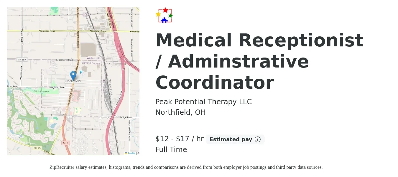 Peak Potential Therapy LLC job posting for a Medical Receptionist / Adminstrative Coordinator in Northfield, OH with a salary of $13 to $16 Hourly with a map of Northfield location.