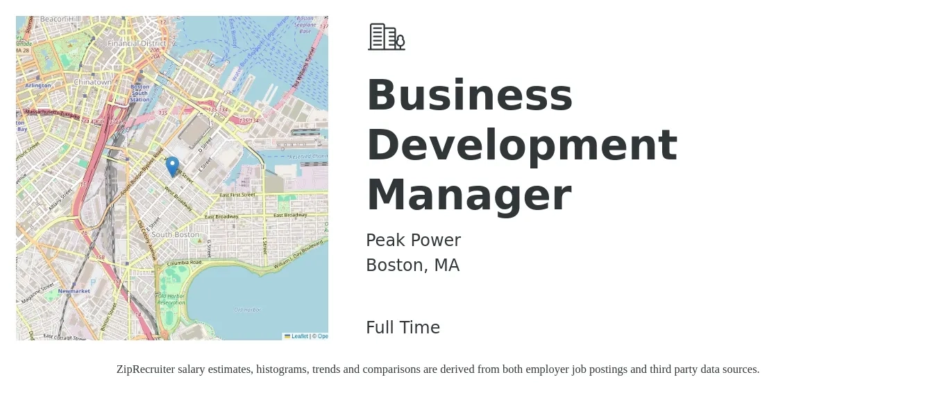 Peak Power job posting for a Business Development Manager in Boston, MA with a salary of $66,300 to $108,600 Yearly with a map of Boston location.