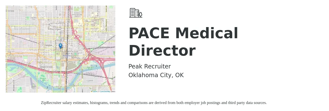 Peak Recruiter job posting for a PACE Medical Director in Oklahoma City, OK with a salary of $183,800 to $264,000 Yearly with a map of Oklahoma City location.