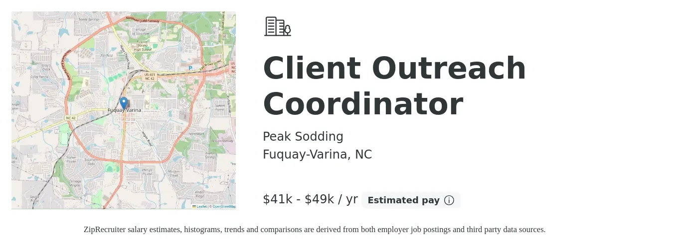 Peak Sodding job posting for a Client Outreach Coordinator in Fuquay-Varina, NC with a salary of $41,600 to $49,400 Yearly with a map of Fuquay-Varina location.