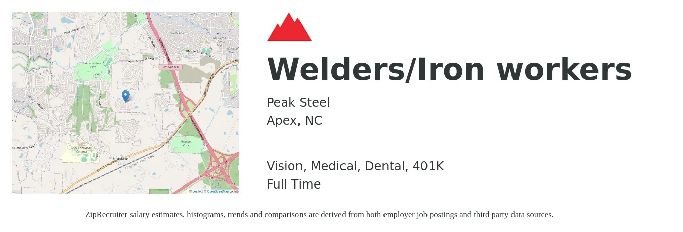 Peak Steel job posting for a Welders/Iron workers in Apex, NC with a salary of $22 to $28 Hourly and benefits including 401k, dental, life_insurance, medical, and vision with a map of Apex location.