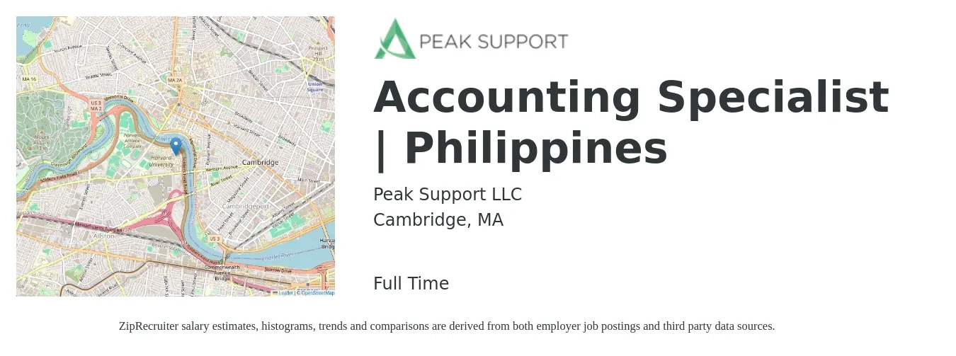 Peak Support LLC job posting for a Accounting Specialist | Philippines in Cambridge, MA with a salary of $23 to $31 Hourly with a map of Cambridge location.