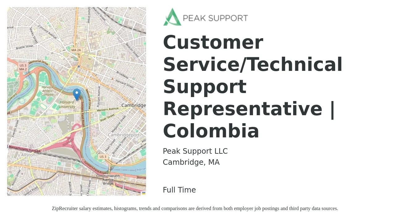 Peak Support LLC job posting for a Customer Service/Technical Support Representative | Colombia in Cambridge, MA with a salary of $19 to $26 Hourly with a map of Cambridge location.