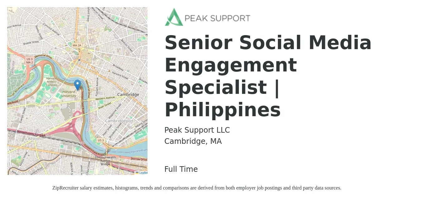 Peak Support LLC job posting for a Senior Social Media Engagement Specialist | Philippines in Cambridge, MA with a salary of $44,600 to $73,900 Yearly with a map of Cambridge location.