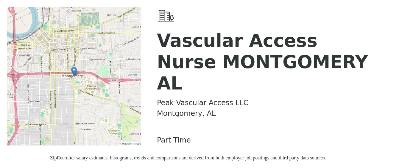 Peak Vascular Access LLC job posting for a Vascular Access Nurse MONTGOMERY AL in Montgomery, AL with a salary of $5,000 to $7,500 Monthly with a map of Montgomery location.