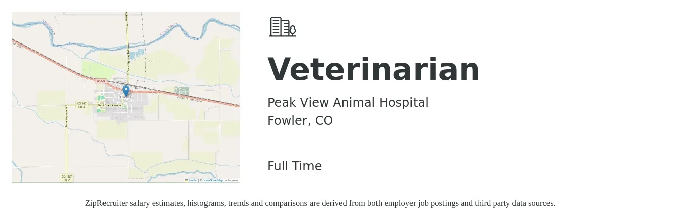Peak View Animal Hospital job posting for a Veterinarian in Fowler, CO with a salary of $104,200 to $202,900 Yearly with a map of Fowler location.