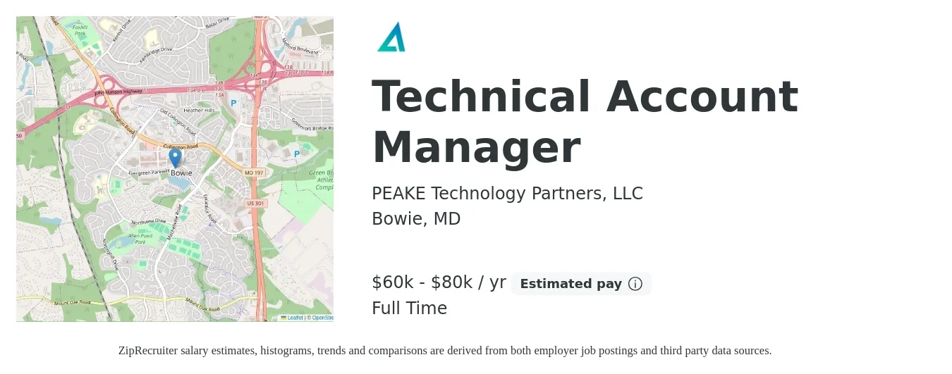 PEAKE Technology Partners, LLC job posting for a Technical Account Manager in Bowie, MD with a salary of $60,000 to $80,000 Yearly with a map of Bowie location.