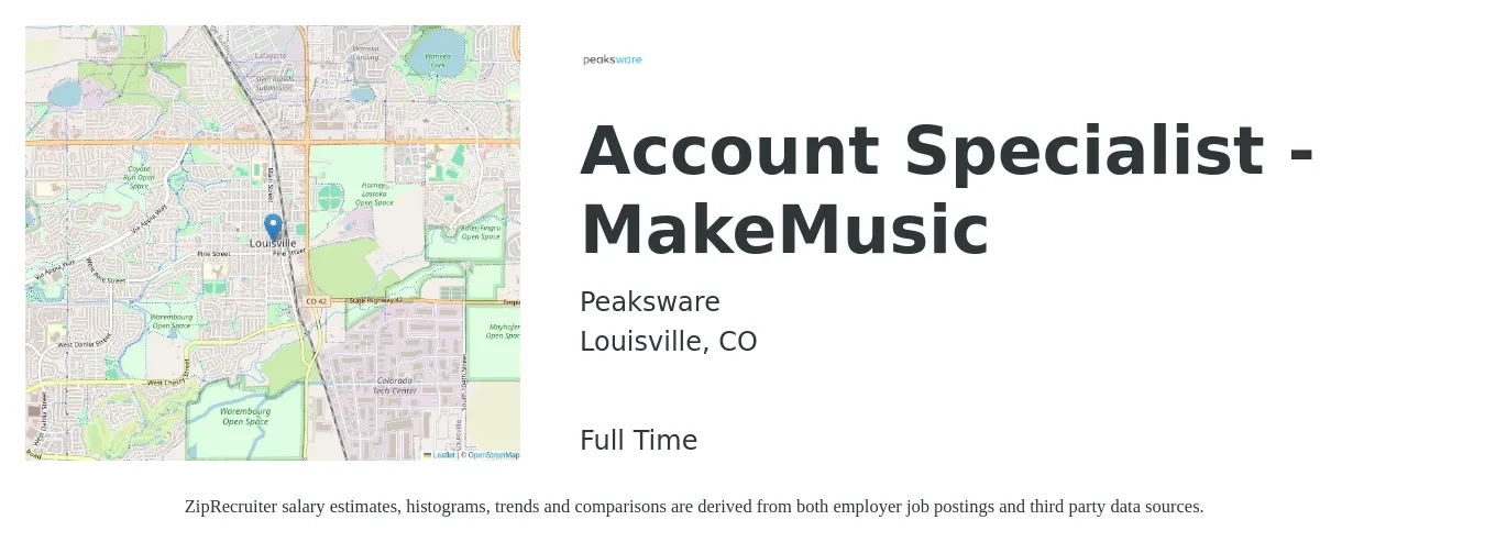 Peaksware job posting for a Account Specialist - MakeMusic in Louisville, CO with a salary of $20 to $27 Hourly with a map of Louisville location.