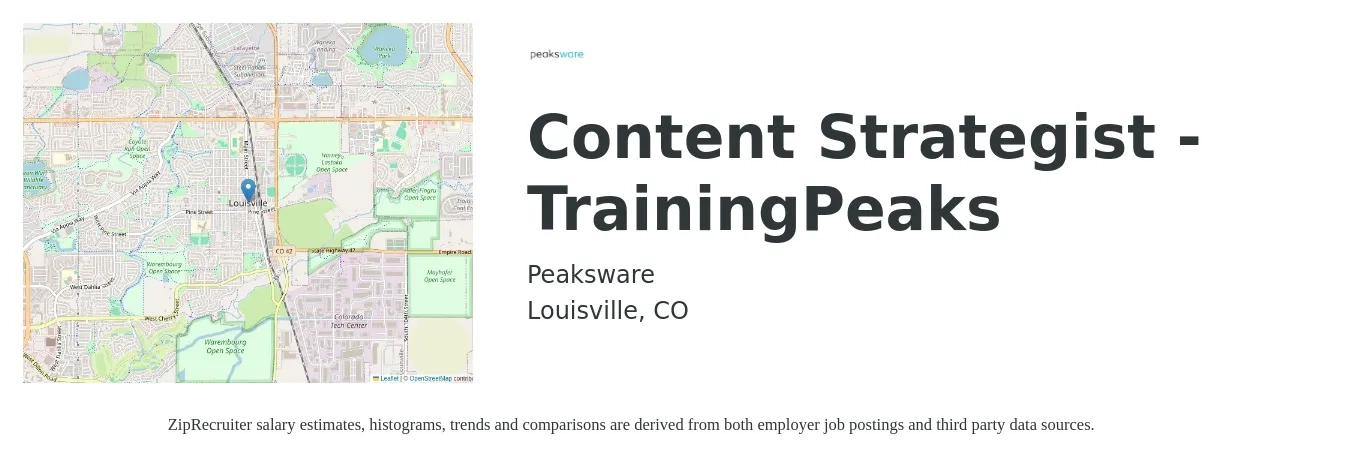 Peaksware job posting for a Content Strategist - TrainingPeaks in Louisville, CO with a salary of $38 to $58 Hourly with a map of Louisville location.