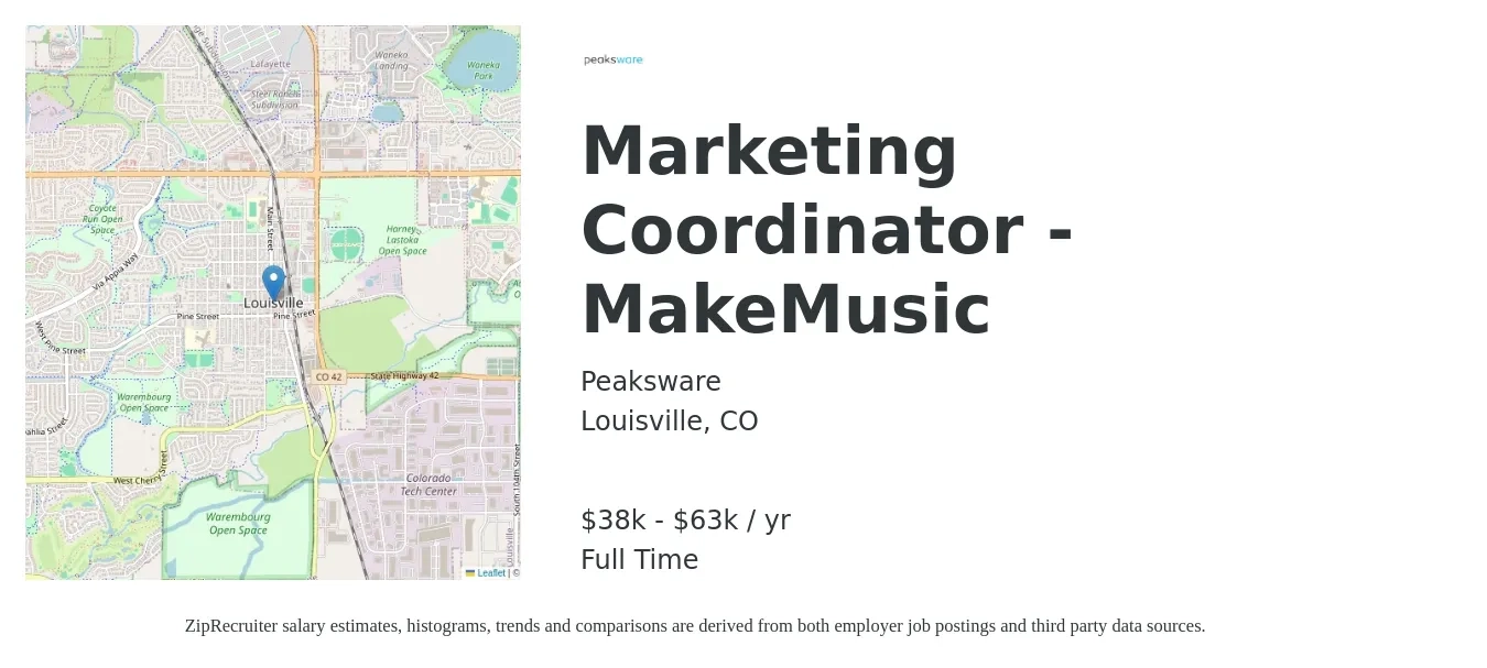 Peaksware job posting for a Marketing Coordinator - MakeMusic in Louisville, CO with a salary of $38,008 to $63,346 Yearly with a map of Louisville location.