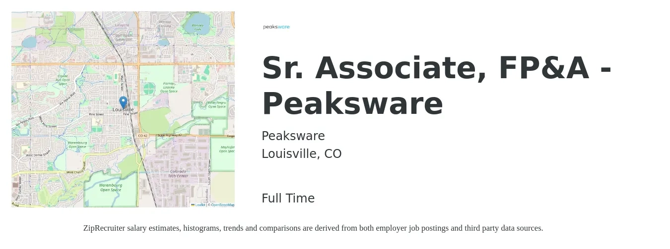 Peaksware job posting for a Sr. Associate, FP&A - Peaksware in Louisville, CO with a salary of $79,022 to $131,704 Yearly with a map of Louisville location.