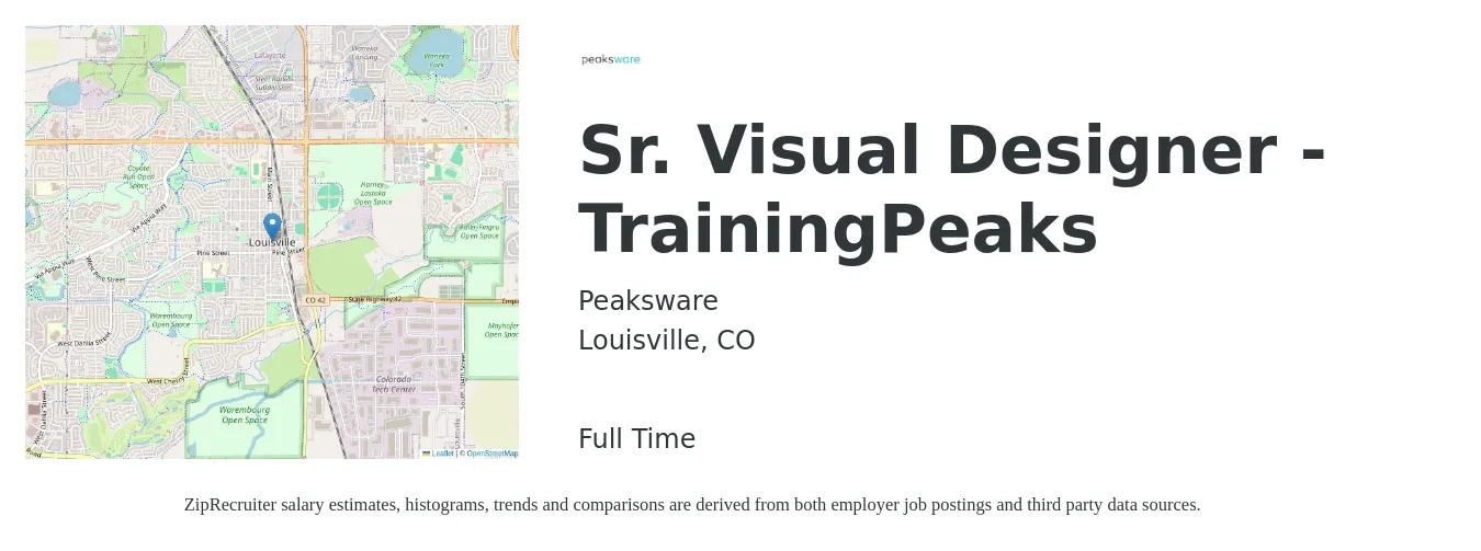 Peaksware job posting for a Sr. Visual Designer - TrainingPeaks in Louisville, CO with a salary of $42 to $68 Hourly with a map of Louisville location.