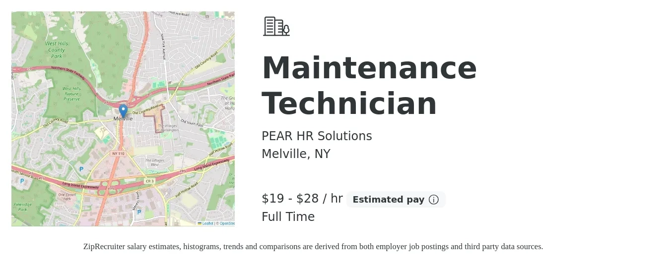 PEAR HR Solutions job posting for a Maintenance Technician in Melville, NY with a salary of $20 to $30 Hourly with a map of Melville location.