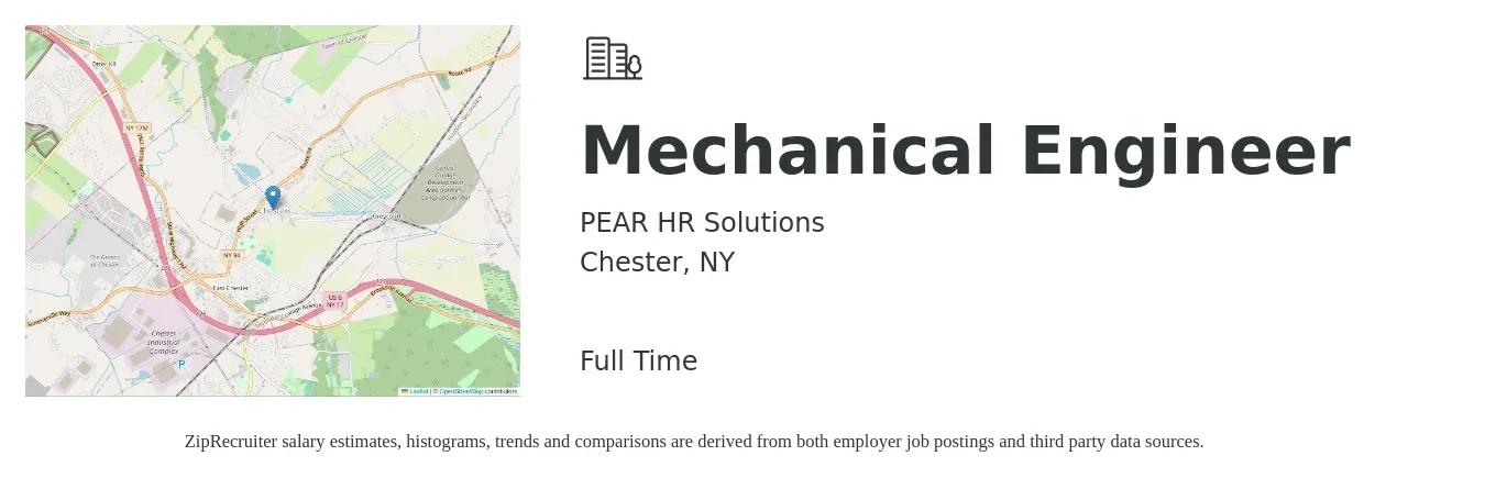 PEAR HR Solutions job posting for a Mechanical Engineer in Chester, NY with a salary of $50,000 Yearly with a map of Chester location.