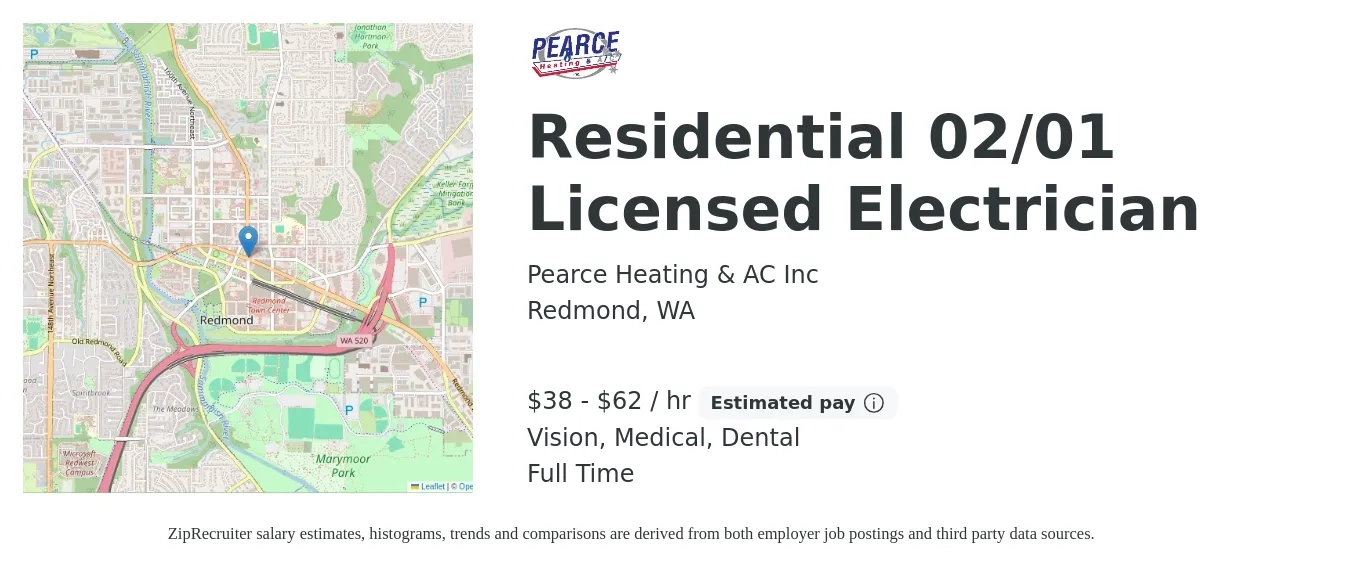 Pearce Heating & AC Inc job posting for a Residential 02/01 Licensed Electrician in Redmond, WA with a salary of $40 to $65 Hourly (plus commission) and benefits including dental, medical, pto, retirement, and vision with a map of Redmond location.