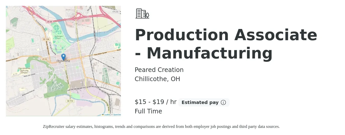 Peared Creation job posting for a Production Associate - Manufacturing in Chillicothe, OH with a salary of $16 to $20 Hourly and benefits including pto with a map of Chillicothe location.