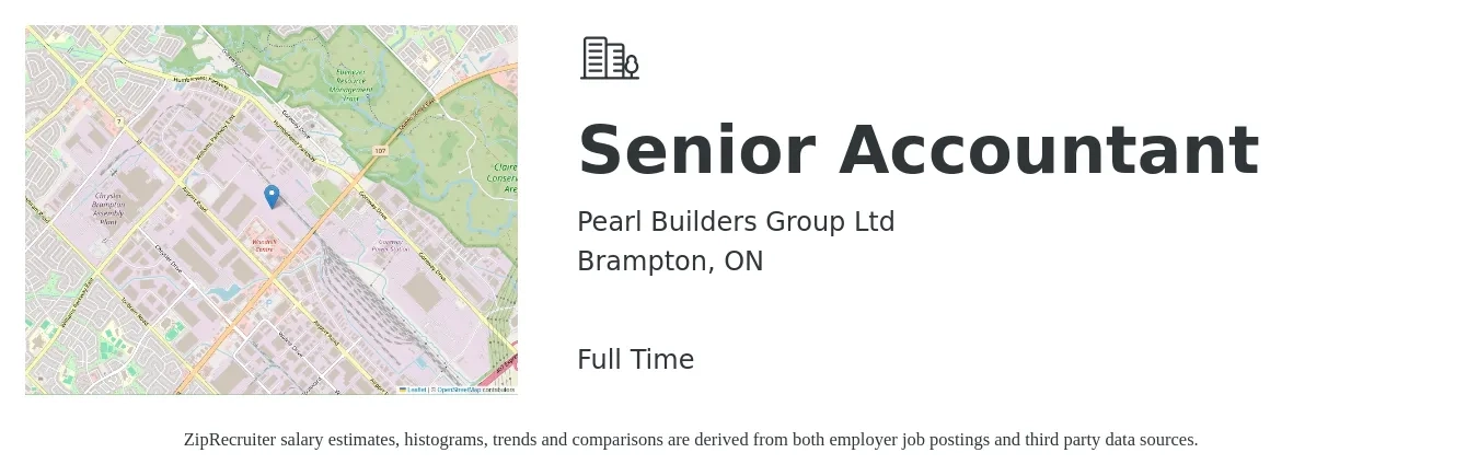 Pearl Builders Group Ltd job posting for a Senior Accountant in Brampton, ON with a map of Brampton location.