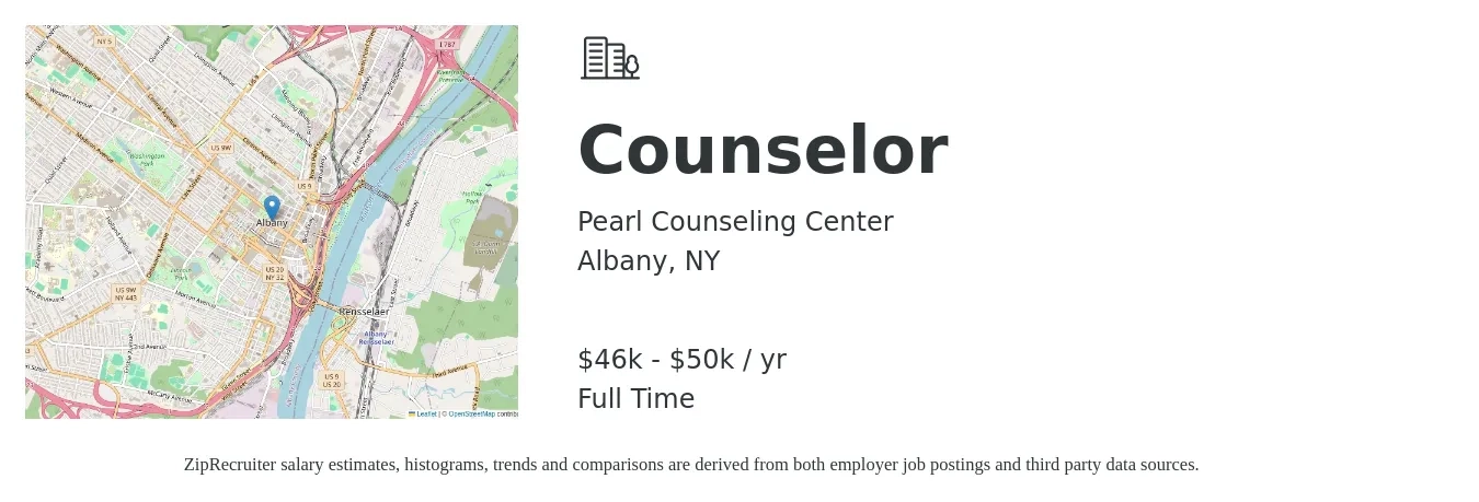 Pearl Counseling Center job posting for a Counselor in Albany, NY with a salary of $46,000 to $50,000 Yearly with a map of Albany location.
