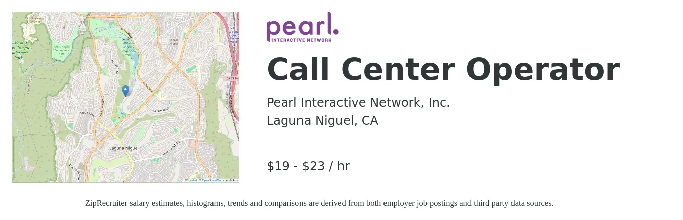 Pearl Interactive Network, Inc. job posting for a Call Center Operator in Laguna Niguel, CA with a salary of $20 to $24 Hourly with a map of Laguna Niguel location.